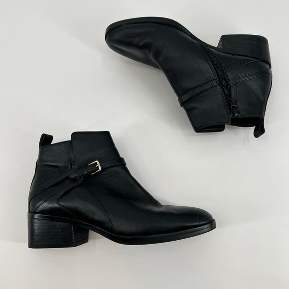 Cole Haan short black ankle leather booties gold buckle etta block heel size 9 - Picture 8 of 11